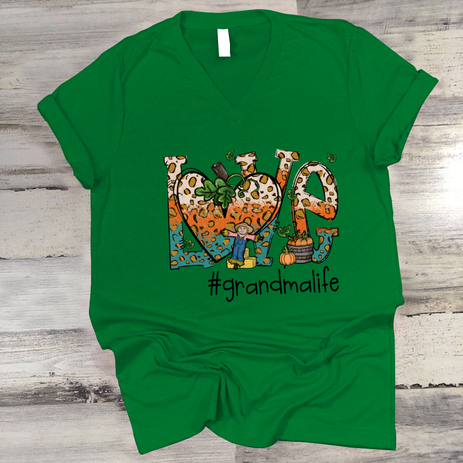 Love Grandmalife Leopard Leaves Pumpkin V-Neck