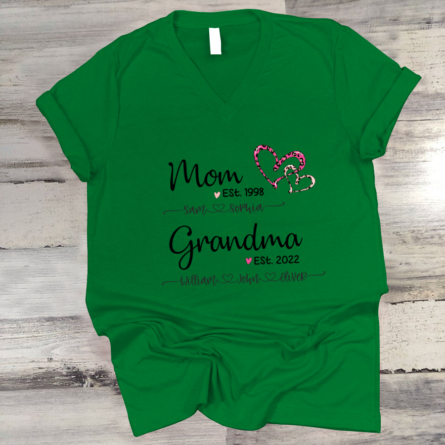 Mom Est Grandma Est And Kids Name Heart Pink Leopard V-Neck