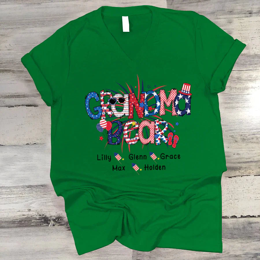 Patriotic Doodle 4th Of July Grandma Bear And Grandkid CTH01 V-Neck
