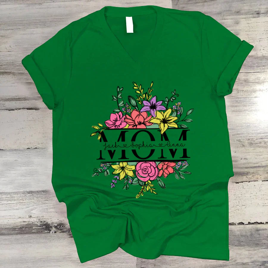 Personalize Mom And Kids Flowers Watercolor V-Neck