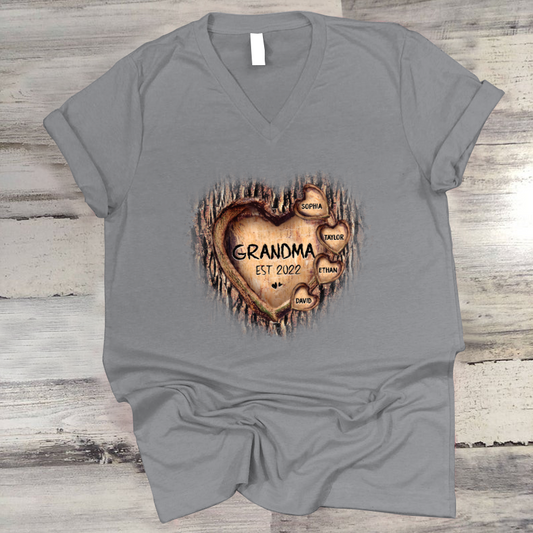 Personalized Grandma And Grandkids Hearts Tree New V-Neck