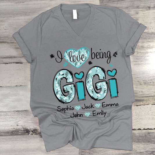 Personalized I love being Gigi Flower Custom Names And Grandkids Mother's Day V-Neck