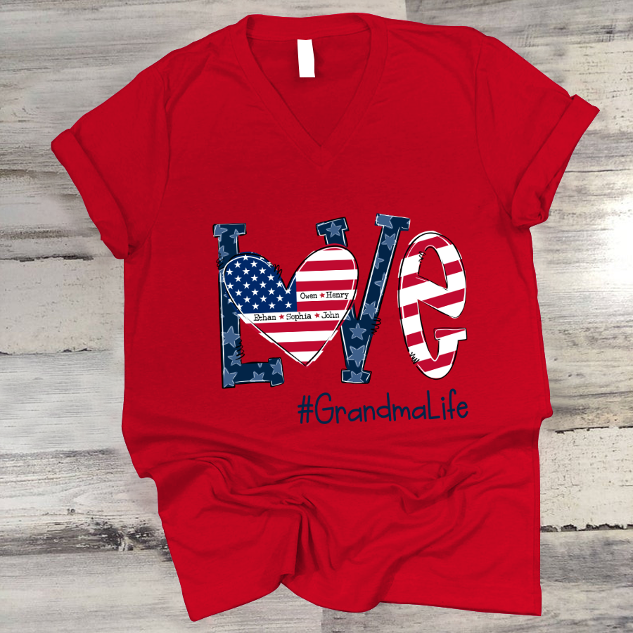 Personalized Love Grandma Life American Flag V-Neck