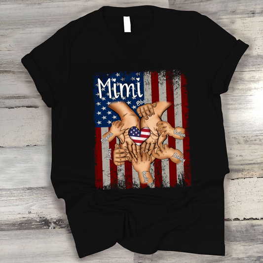 Personalized Mimi And Grandkids Hands Flag V-Neck