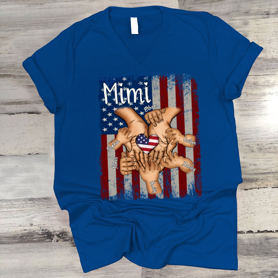 Personalized Mimi And Grandkids Hands Flag V-Neck