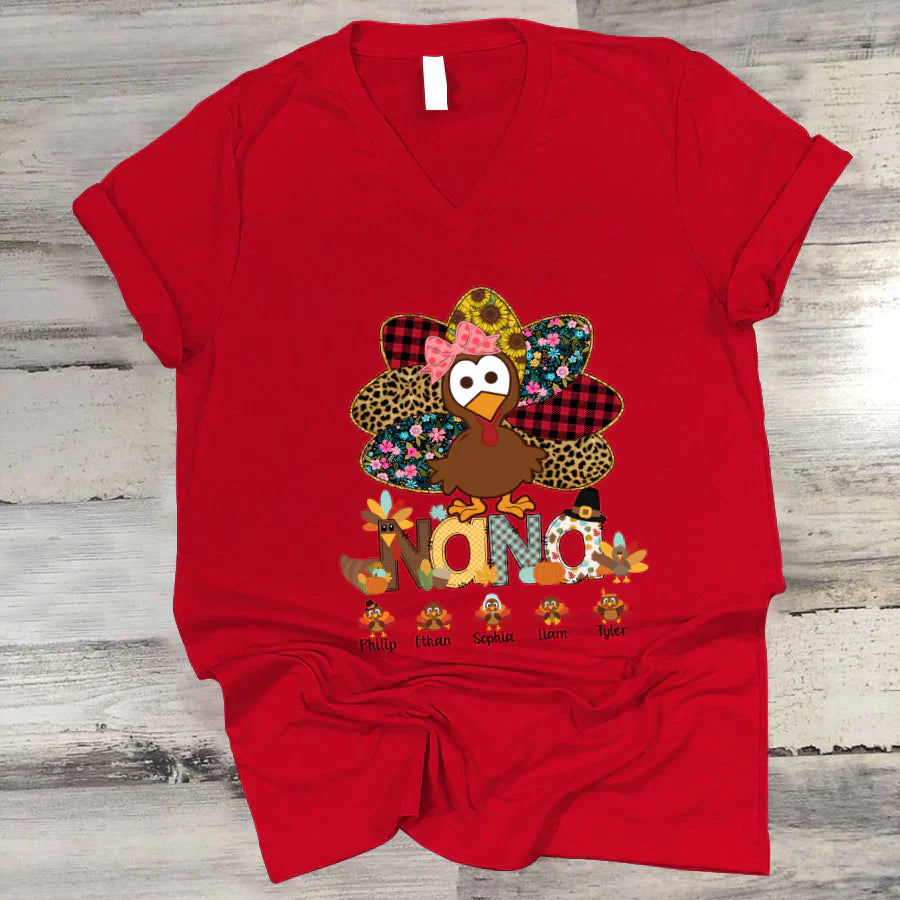 Personalized Nana Thanksgiving Turkey Floral Leopard 2022 V-Neck