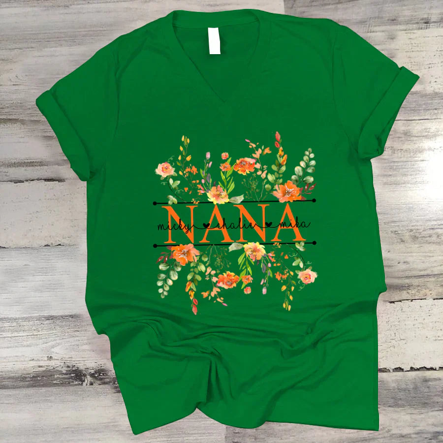 Summer Flowers Nana And Grandkids CTH01 V-Neck