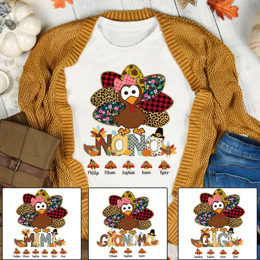 Personalized Nana Thanksgiving Turkey Floral Leopard T-Shirt