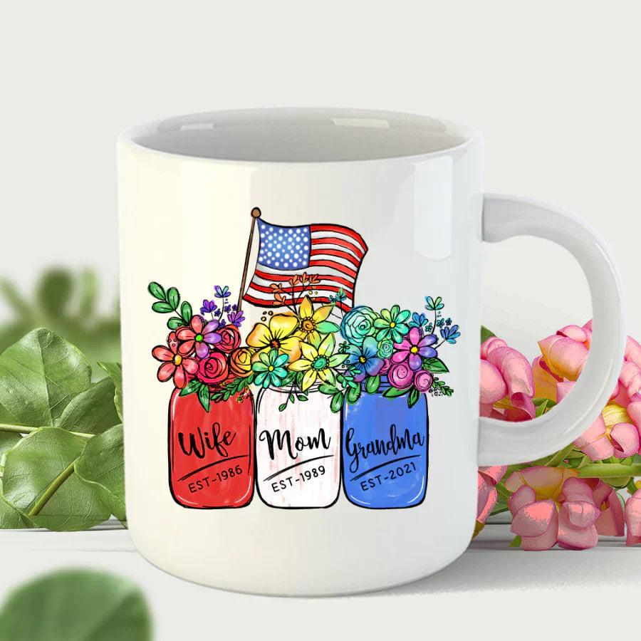 America Flag and Rainbow Floral Peace Wife Est Mom Est Grandma Est Mug