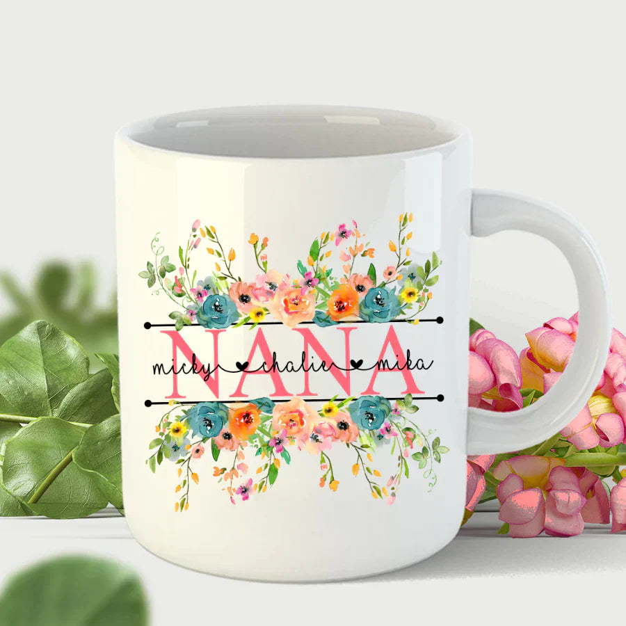 Bright Watercolor Floral Nana And Grandkids CTH01 Mug
