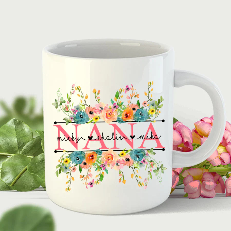 Bright Watercolor Floral Nana And Grandkids Flower CTH01 Mug