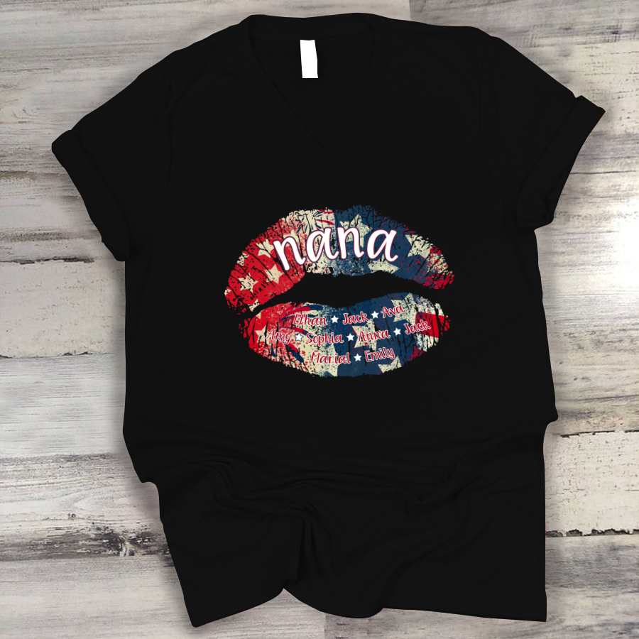Nana Grandma American Flag Lips V-Neck