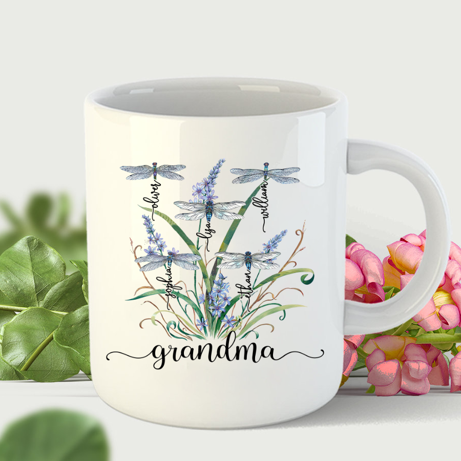 Personalized Grandma With Grandkids Dragonfly Mother's Day Mug