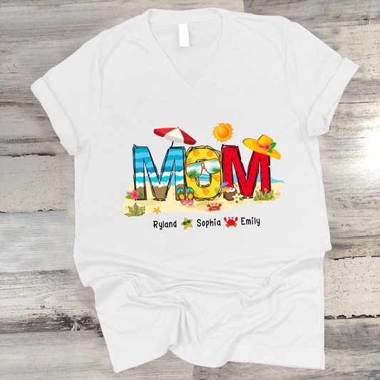 Personalized Nana Grandma Summer Beach Color Kid Names Custom V-Neck