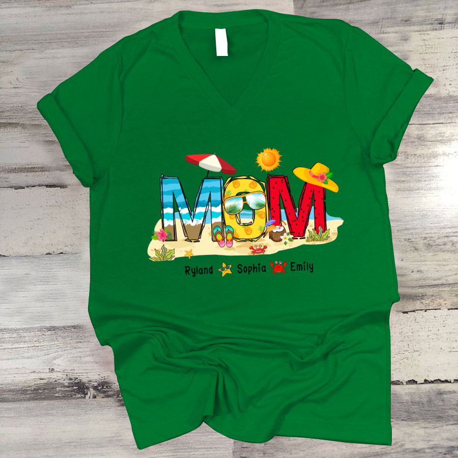 Personalized Nana Grandma Summer Beach Color Kid Names Custom V-Neck