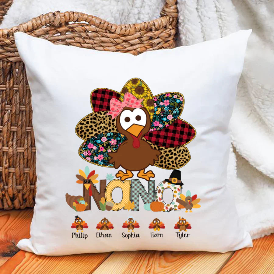 Personalized Nana Thanksgiving Turkey Floral Leopard Indoor Pillow