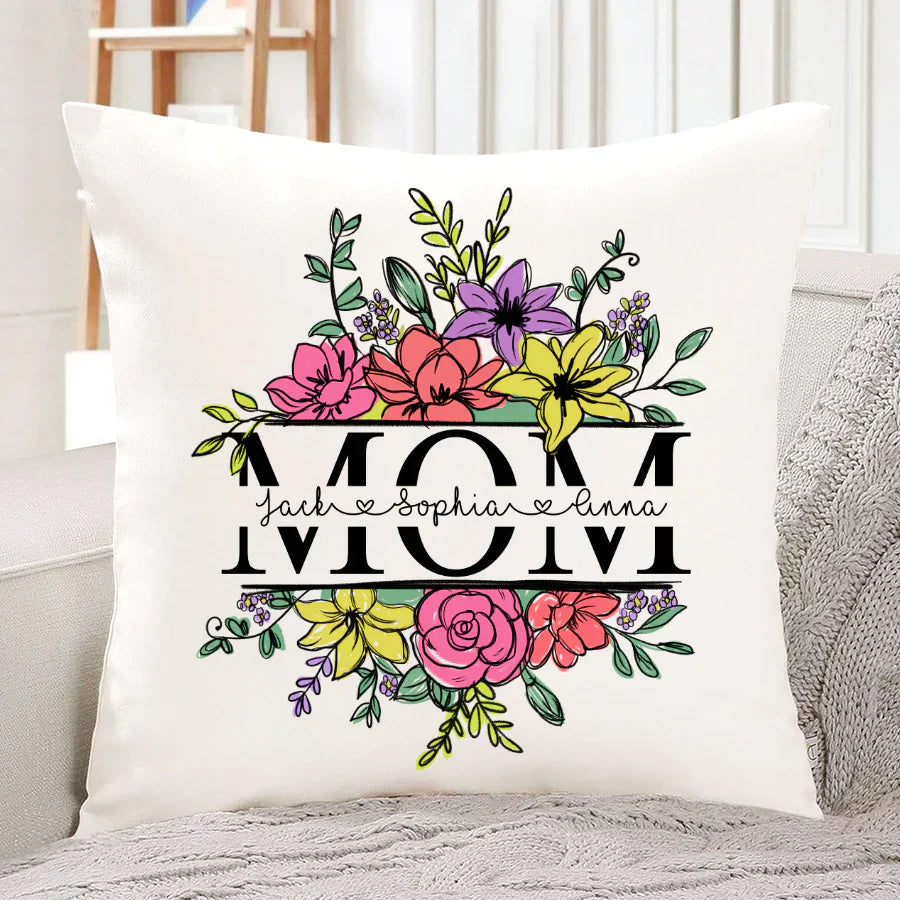 Personalize Mom And Kids Flowers Watercolor Indoor Pillow