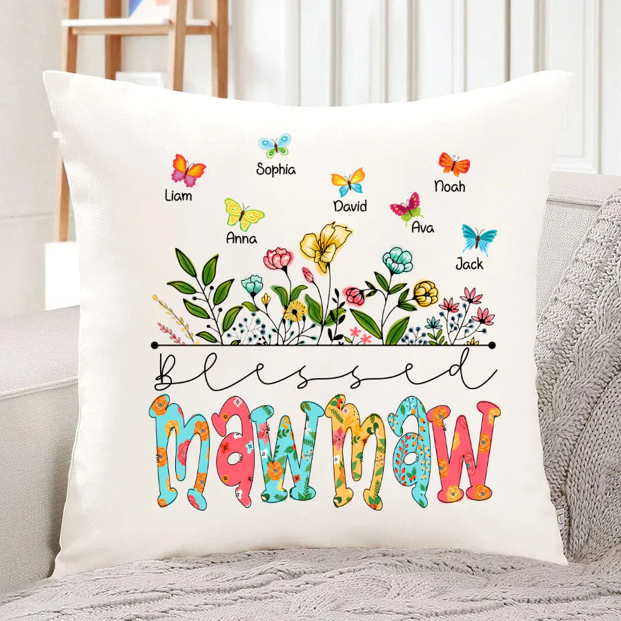 Personalized Blessed Mawmaw Wildflowers And Butterflies Shirts For Grandma Indoor Pillow