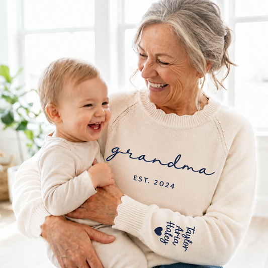 Custom Embroidered Grandma Knit Sweater – Personalized EST. 2026 Crewneck with Sleeve Names