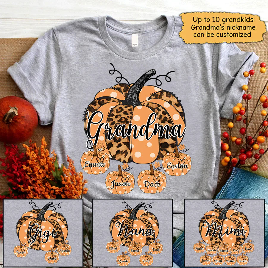 Grandma Pumpkin With Grandkids Leopard Shirt