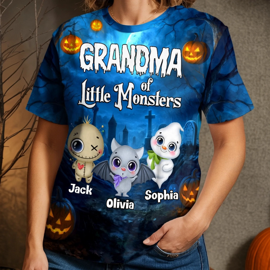 Personalized Grandma Of Little Monsters Halloween 3D Shirt – Custom Grandkids Names & Cute Characters Tee Gift 3D T-Shirt