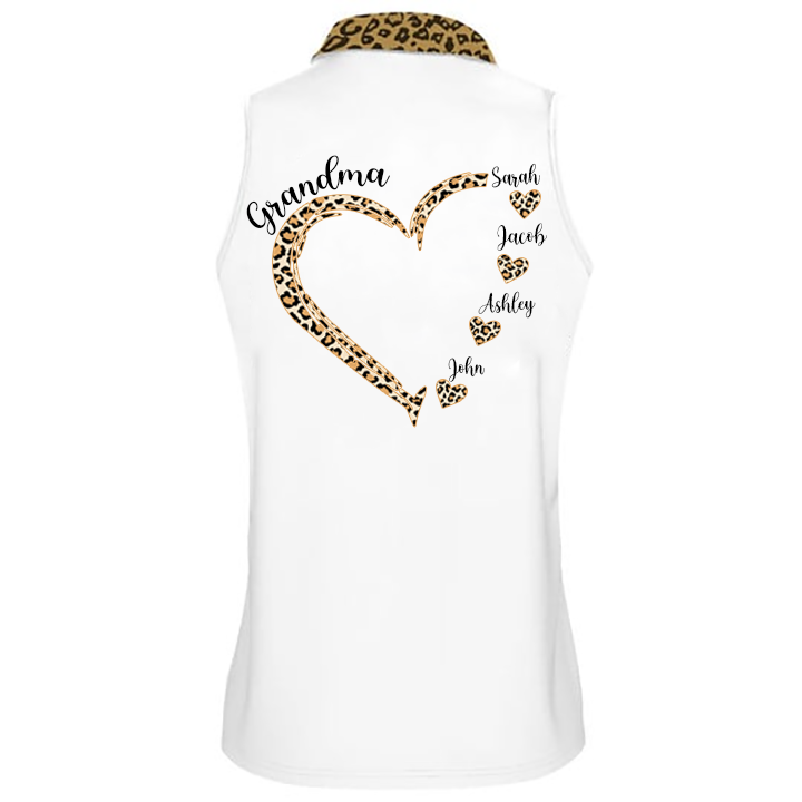 Personalized Name Leopard Grandma with Grandkids Sleeveless Polo Shirt, Gift for Mother's Day