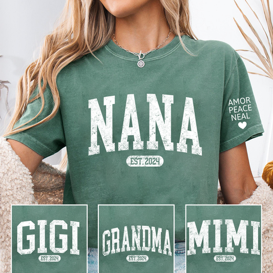 Custom Nana Shirt, Personalized Grandma Mimi Gigi T-Shirt, EST. 2024, Gift For Mother's Day, Grandmother Apparel with Amor Peace Neal Print