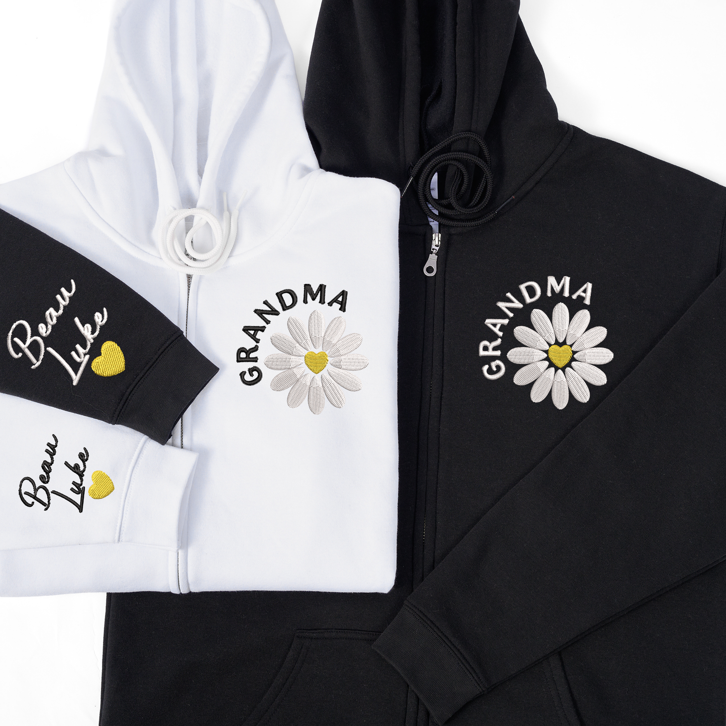 Personalized Grandma Daisy Zip Hoodie, Custom Grandma Name Embroidered Sweatshirt with Sleeve Detail, Oversized Full Zip Hoodie for Women, Cozy Family Apparel