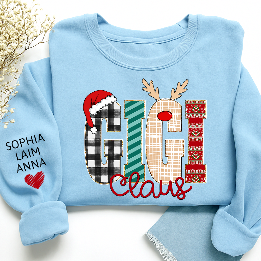 Gigi Claus Christmas Sweatshirt – Personalized Holiday with Child’s Name on Sleeve Sweatshirts