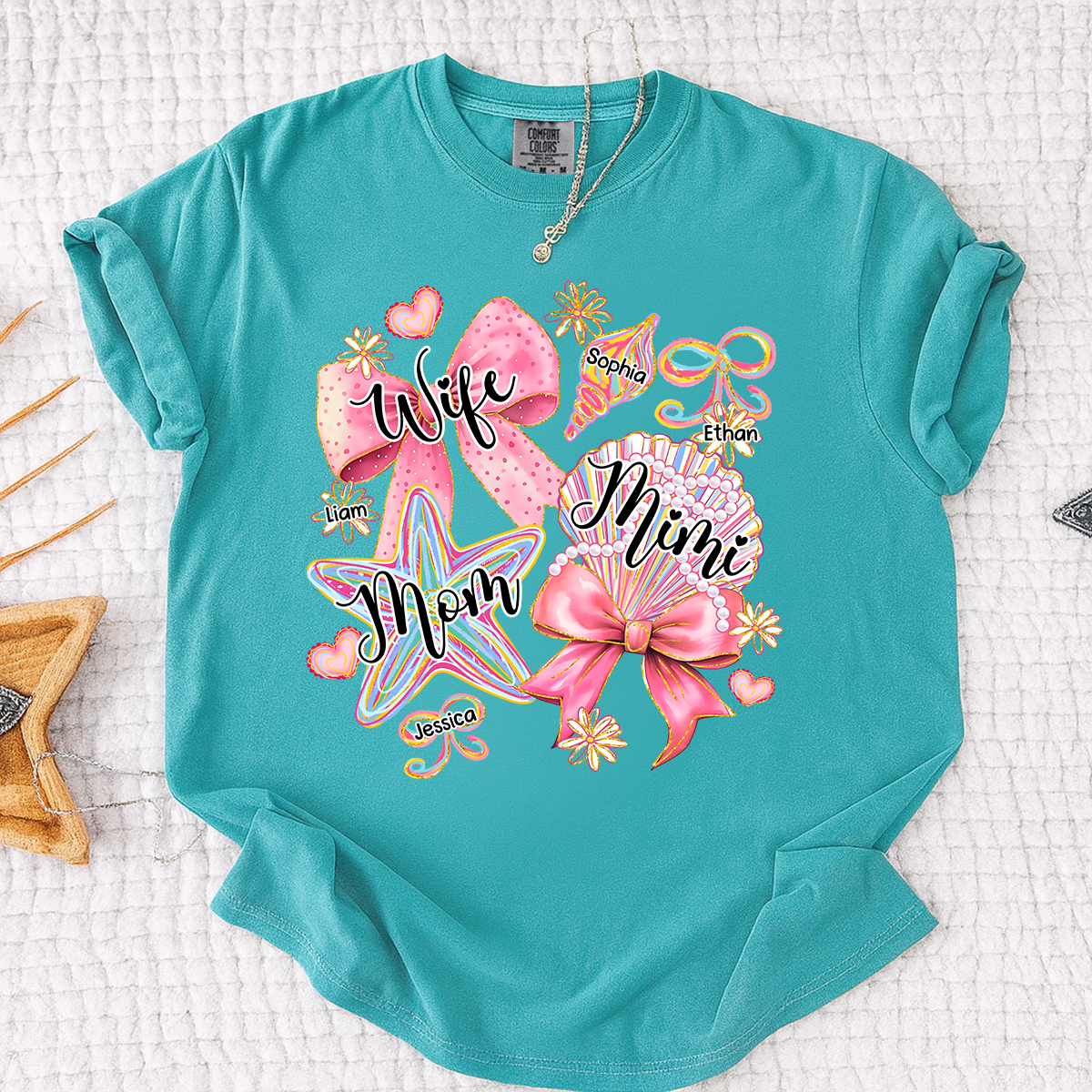 Comfort Colors Personalized Wife Mom Mimi Beach Shirt with Grandkids Names, Custom Grandma Coastal T Shirt for Women, Summer Family Vacation Gift