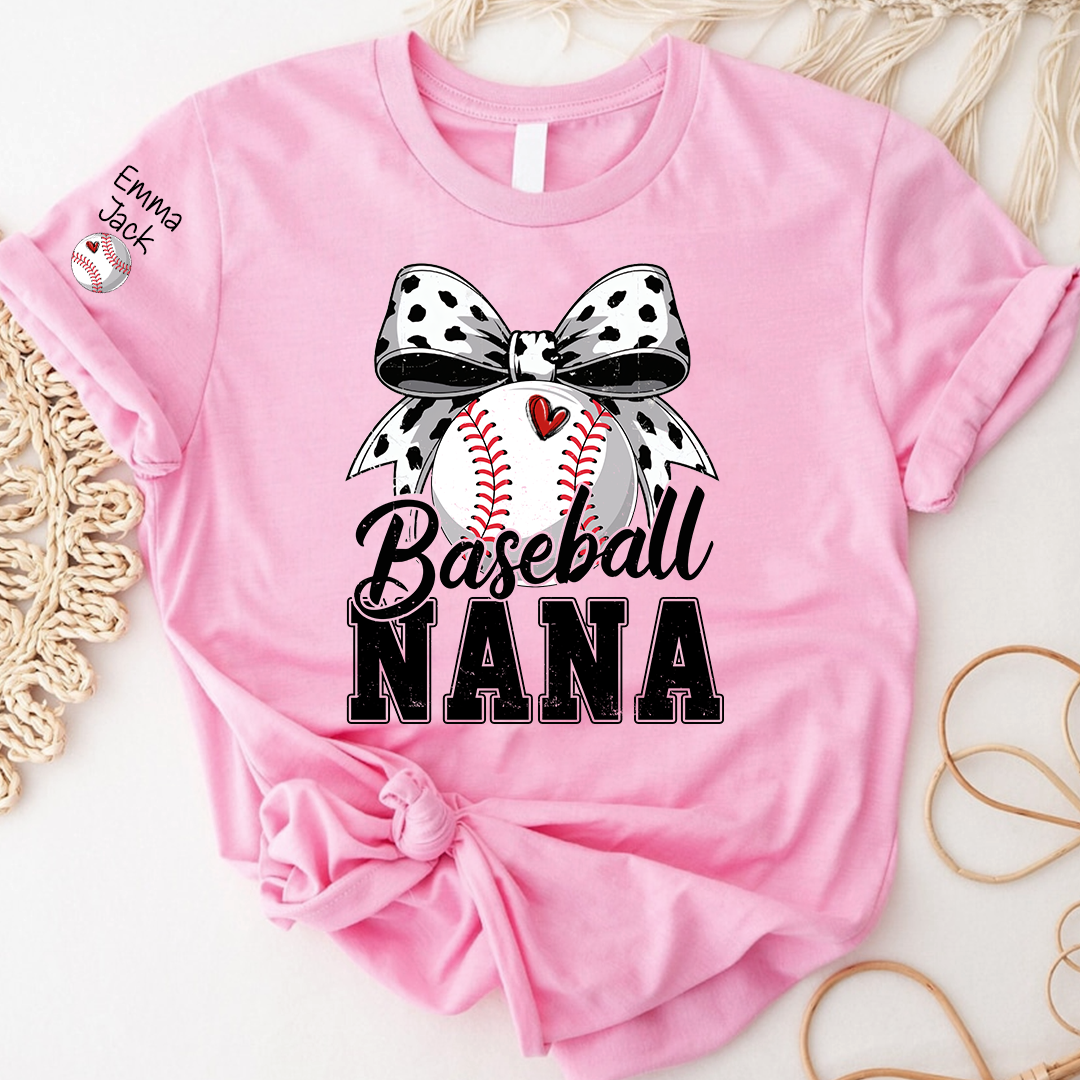 Proud Baseball Nana T Shirt, Personalized Kids Names Sports Shirt with Bow Graphic