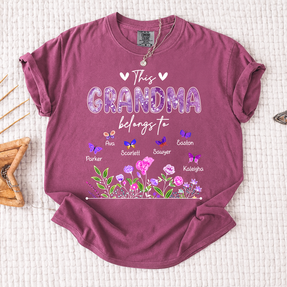 Comfort Colors® This Grandma Belongs To Tee, Custom Grandma Shirt with Grandkids Names, Floral Garden Theme, Meaningful Family Apparel