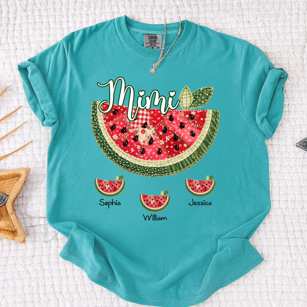 Comfort Colors Custom Mimi Watermelon Patchwork Tee, Personalized Grandma Shirt with Kids Names, Summer Vacation Family Gift for Women