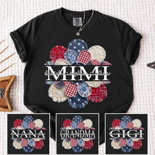 Comfort Colors Mimi Shirt, Patchwork Floral Design with Grandkids' Names, Custom T Shirt for Mimi, Ideal for Mother's Day and Patriotic Occasions