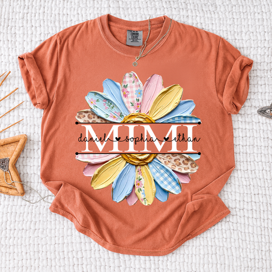 Comfort Mimi Floral Shirt, Custom Grandkids Names with Colorful Patchwork Daisy Design