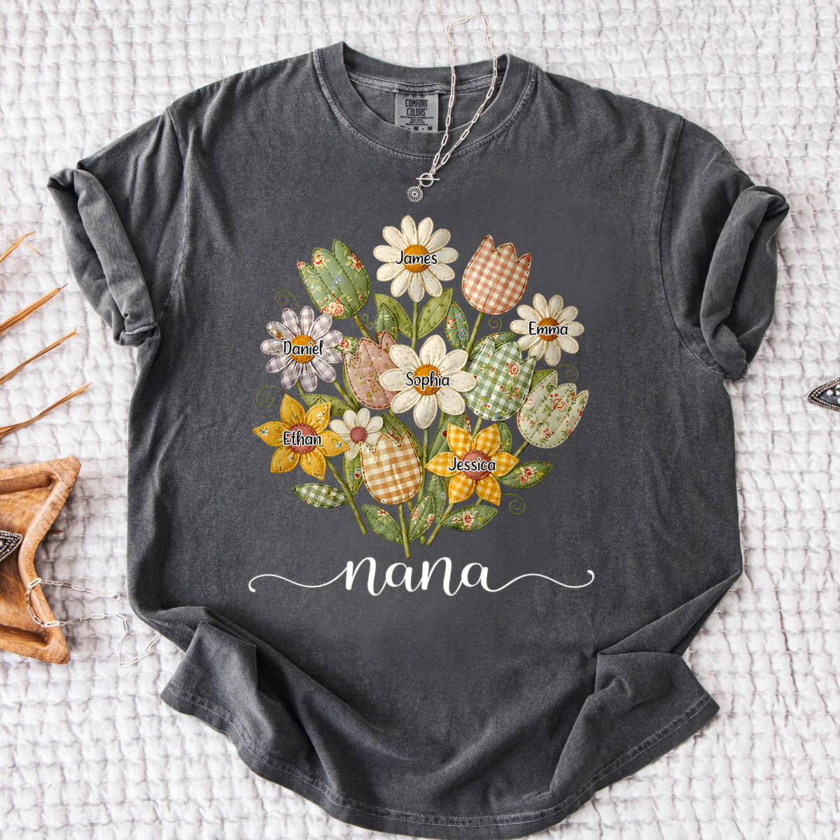 Comfort Colors Personalized Nana Shirt with Grandkids Names, Custom Flower Bouquet Grandma T Shirt, Family Gift for Nana