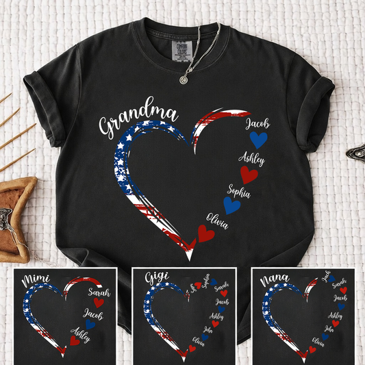 Comfort Colors Personalized Grandma Heart Shirt with Grandkids Names - Custom American Flag Heart Tee - Gift for Nana, Mimi, Gigi