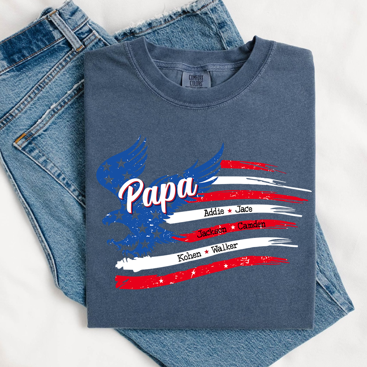 Comfort Colors® Personalized Papa Shirt, Eagle with Grandkids name Hands Flag T-Shirt, Custom Shirt for Fathers Day