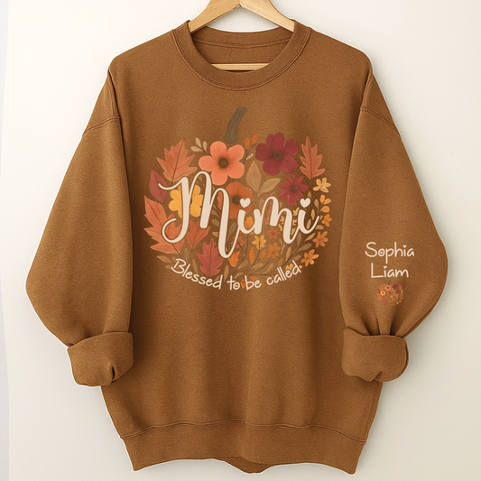 Custom Mimi Fall Sweatshirt with Kids Names, Floral Pumpkin Grandma Shirt, Blessed to be Called Mimi Autumn Gift