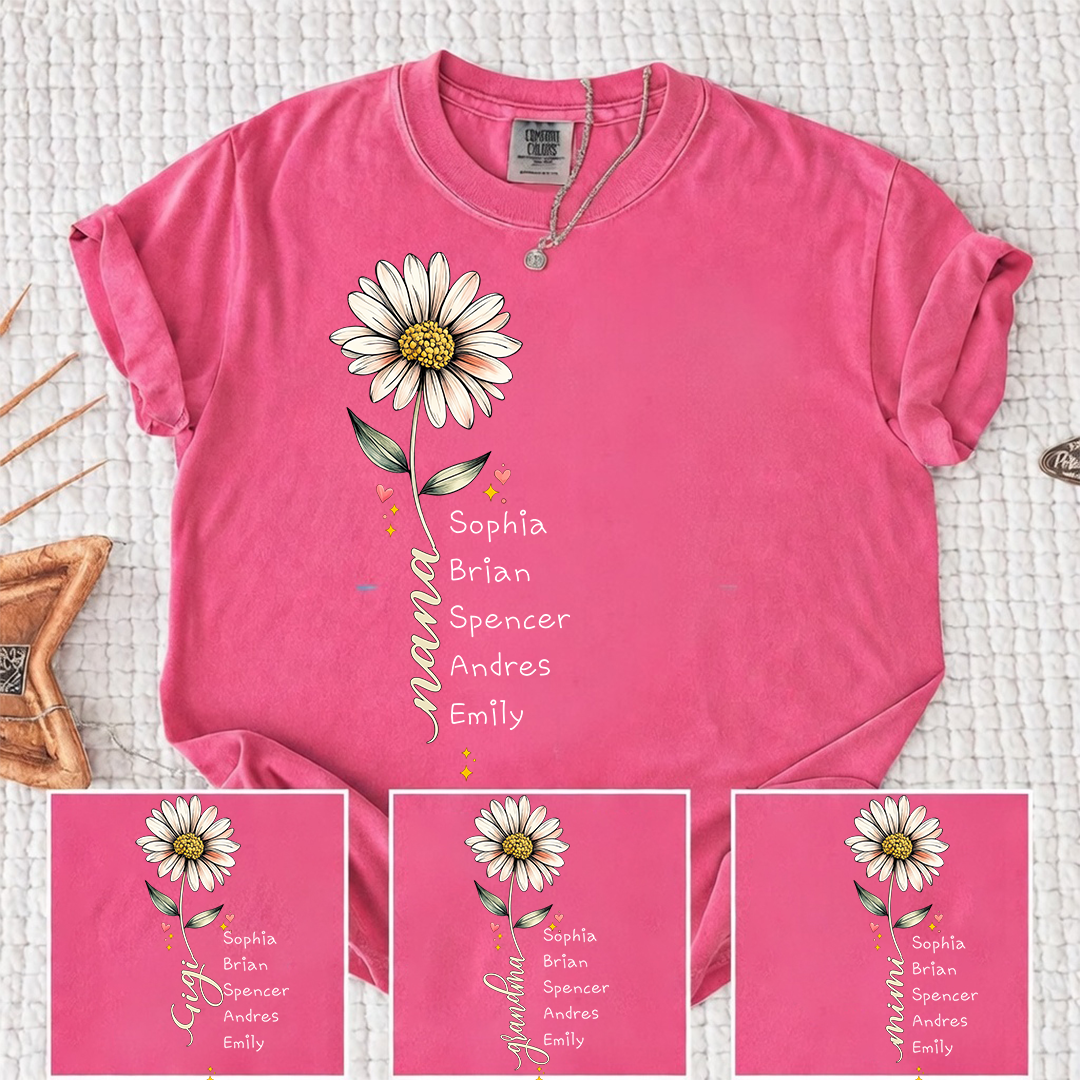 Comfort Colors Personalized Grandma Shirt Daisy Flower Design Custom Nana Mimi Gigi Name Tee with Grandkids Names Vertical Style Family Outfit for Women