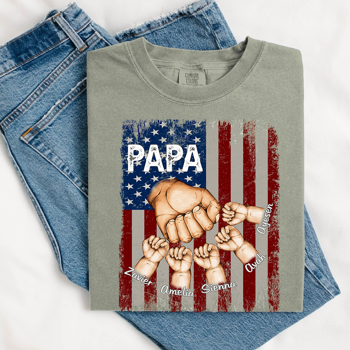 Comfort Colors® Custom Papa And Kids Fist Bump American Flag T-Shirt