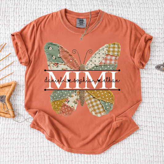 Comfort Mimi Butterfly Shirt, Custom Grandkids Names with Colorful Patchwork Butterfly Design