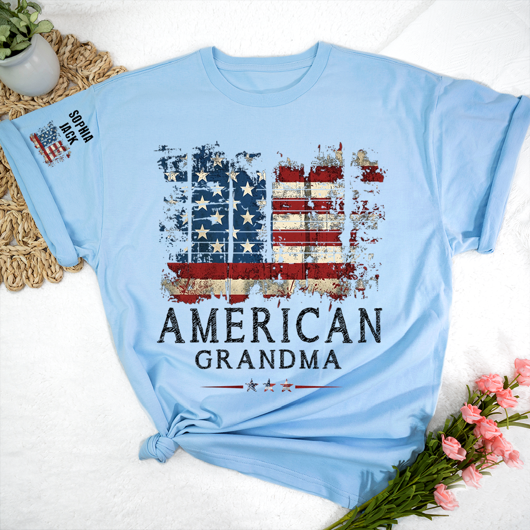 Personalized 4th of July Grandma T-Shirt, Distressed US Flag Gift for Grandmother