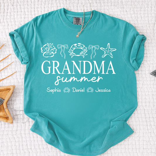 Comfort Colors Grandma Summer Beach T-Shirt, Personalized Ocean Fish Graphic Tee, Custom Kids Names Coastal Grandma Apparel