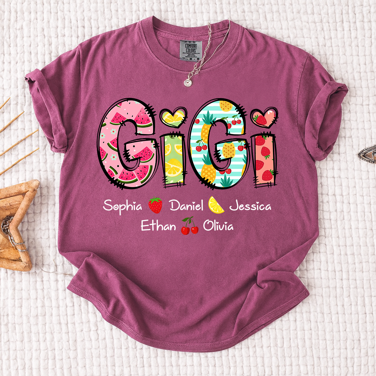Comfort Colors Custom Gigi Shirt with Kids Names, Personalized Grandma Summer T Shirt, Fruit Pattern Graphic Tee for Nana Mimi Grammy