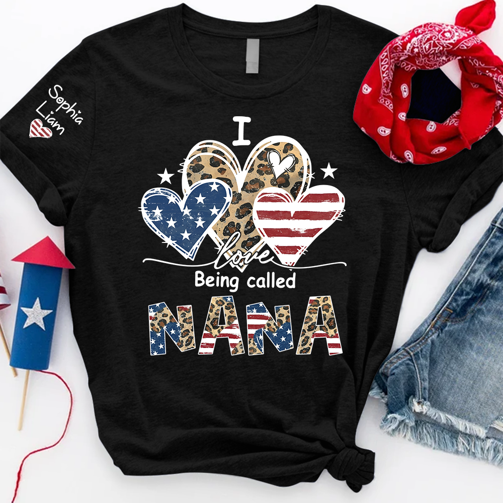 I Love Being Called Nana Shirt with Grandkids Names USA Flag and Leopard Heart Graphic Custom Family Name Tee