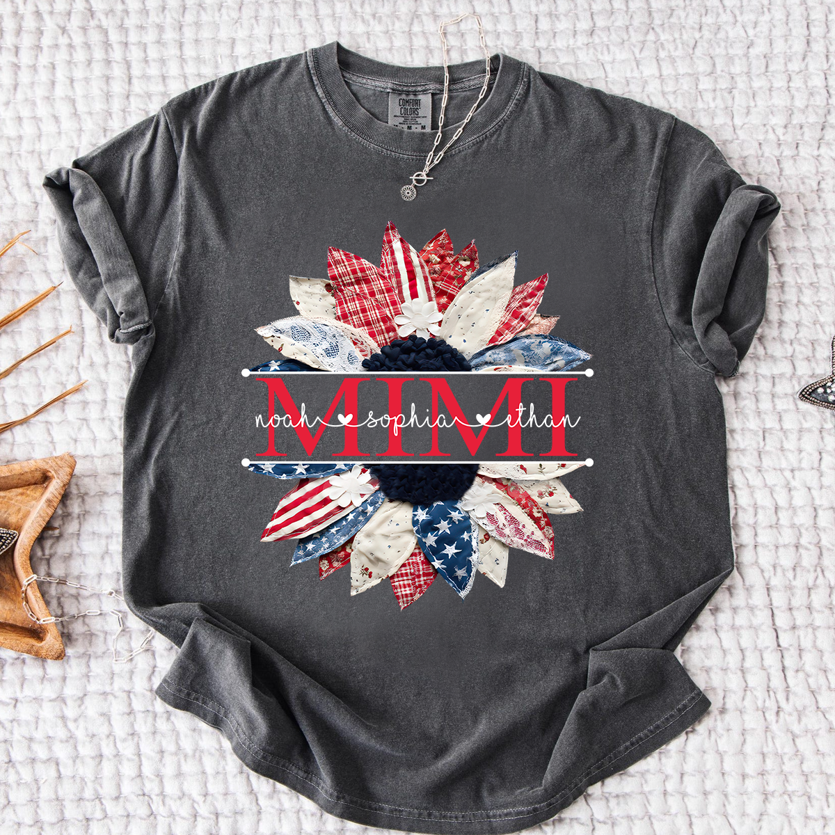 Comfort Colors Mimi Patchwork Floral Shirt with Custom Grandkids Names, Personalized Family Tee