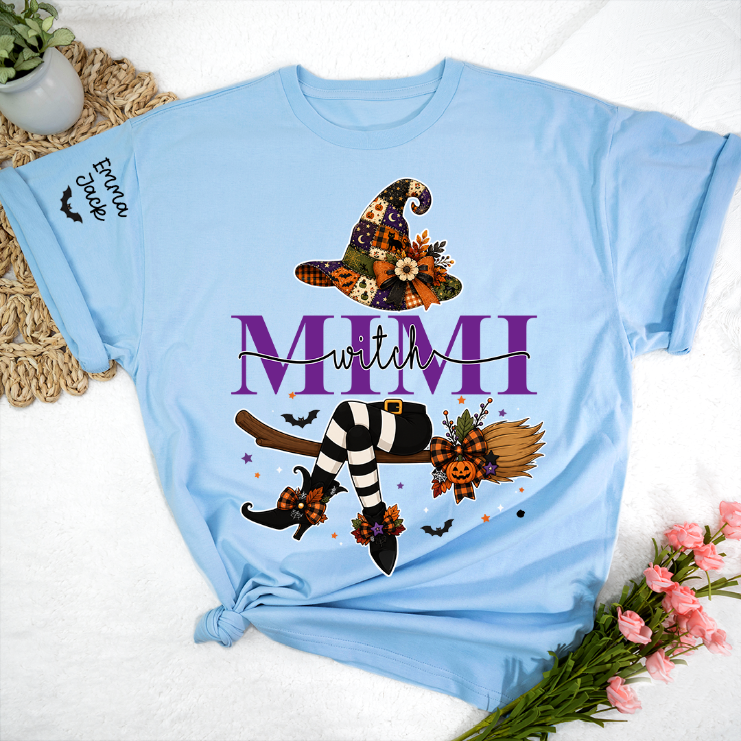 Personalized Grandma Mimi Halloween Shirt, Cute Witch and Pumpkin Design Tee, Custom Grandchildren Names T Shirt
