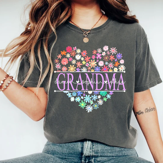 Comfort Colors Personalized Nana Flower Heart Shirt, Custom Grandma Nickname Tee With Kids Names, Mimi Gigi Grandma Floral Heart Design Family Grandkids Name Shirt Mothers Day Grandma Apparel