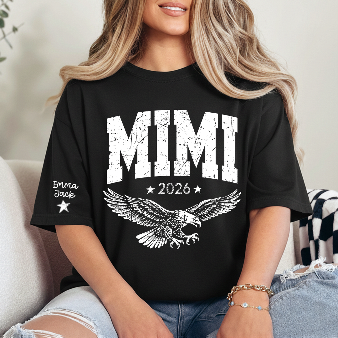 Personalized Grandma T-Shirt, Mimi Est, Custom Names On Sleeve Shirt with Eagle & Custom Names